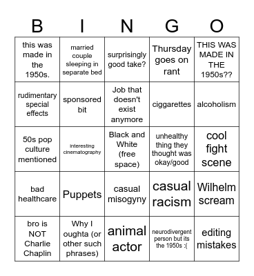 1950s Movie Bingo Card