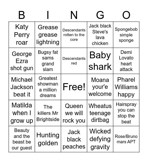 Musical Bingo Card