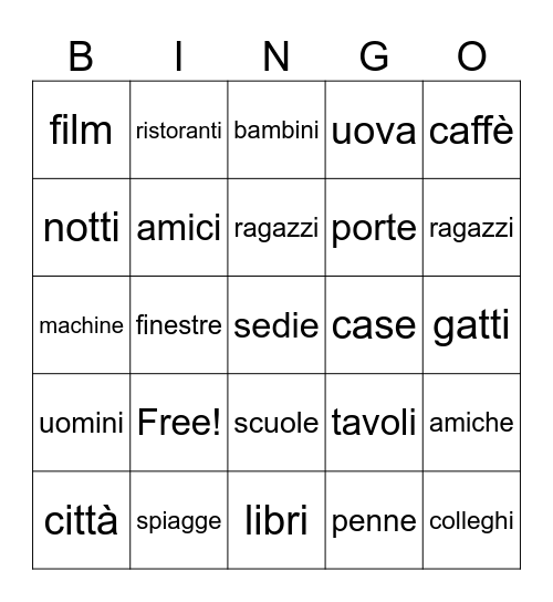 Plurale in Italiano Bingo Card