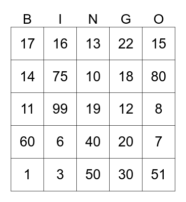 Numbers bingo Card