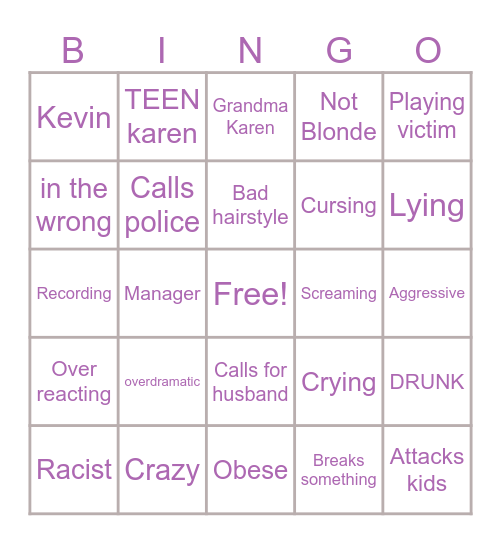 Karen Bingo Card