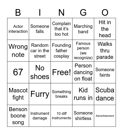 Parade bingo Card