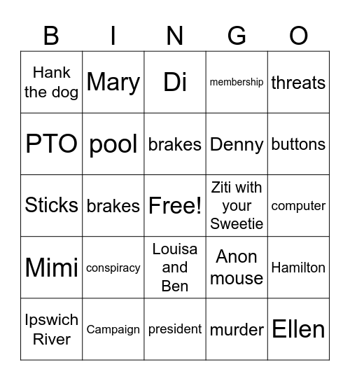 Valley of the Moms Bingo Card