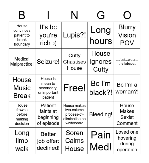 House M.D. Bingo Card