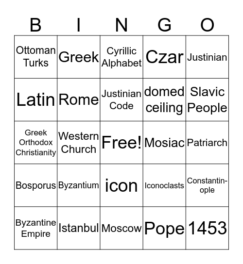 The Byzantine Empire Bingo Card