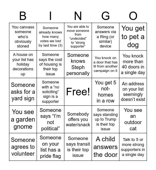 Canvassing Bingo Card