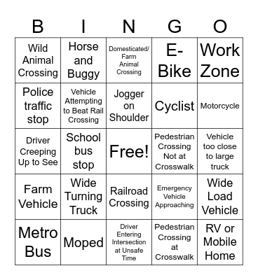 Sharing The Road Bingo Card