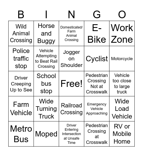 Sharing The Road Bingo Card