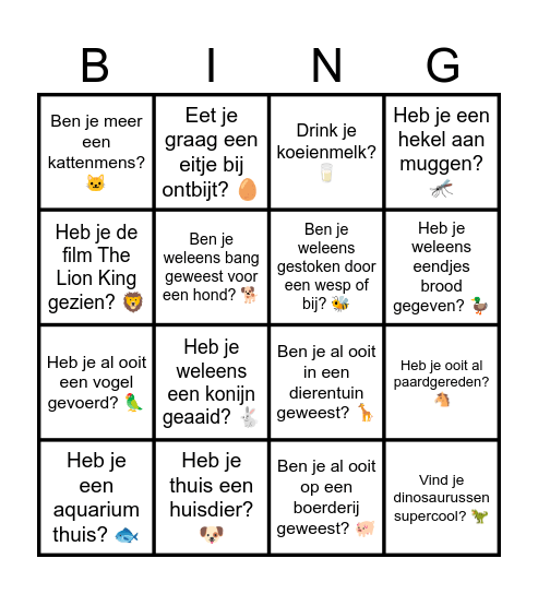 Dieren bingo Card