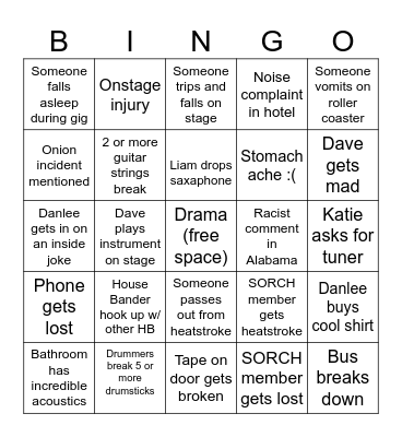 House Band Tour Bingo Card