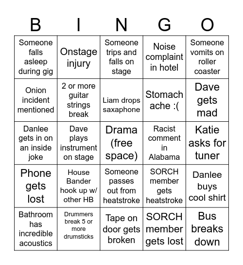 House Band Tour Bingo Card