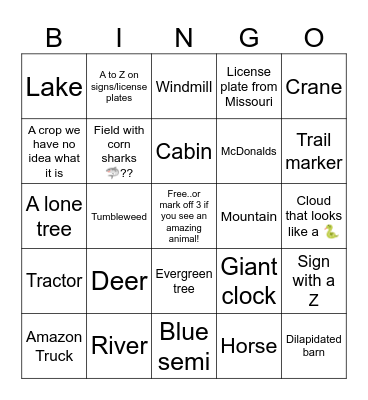 Road Trip Bingo Card