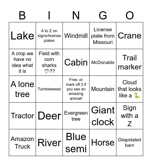 Road Trip Bingo Card