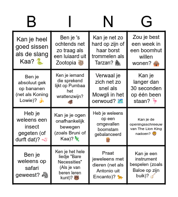Disney dieren bingo Card