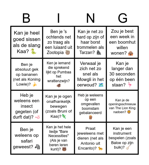 Disney dieren bingo Card