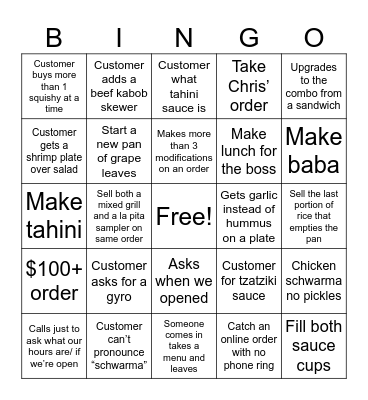 La Pita Customer BINGO Card
