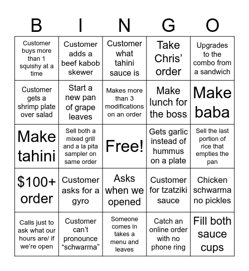 La Pita Customer BINGO Card