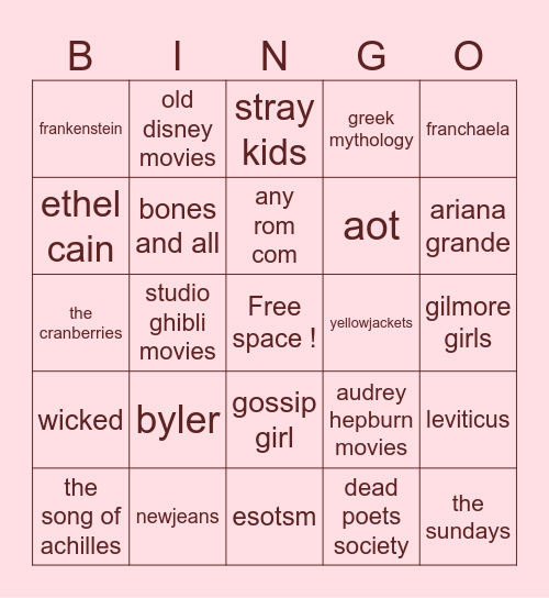 my interests_ ◌✿ Bingo Card