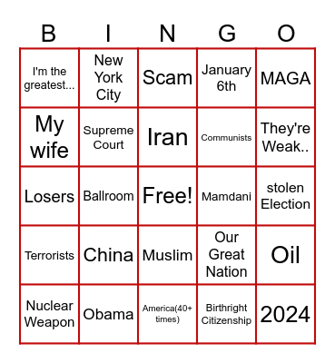 Trump 4th of July Speech Bingo Card