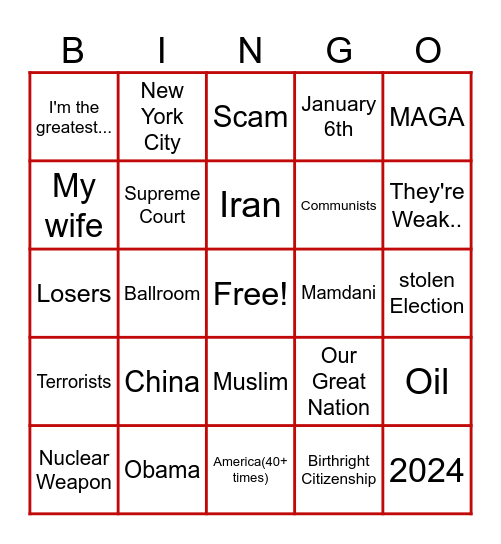 Trump 4th of July Speech Bingo Card