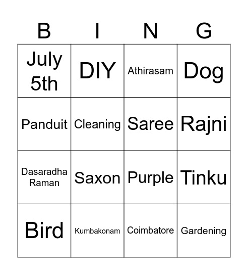 Sathya Birthday Bingo Card