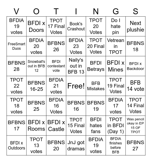 3 new BFDI Videos Bingo Card