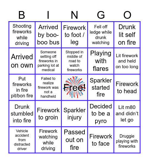 Fireworks ER visit reasons Bingo Card