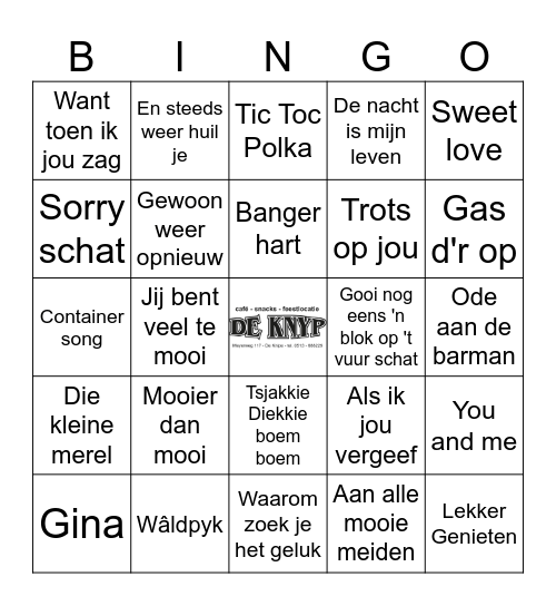Muziekbingo boot cafe De Knyp Bingo Card