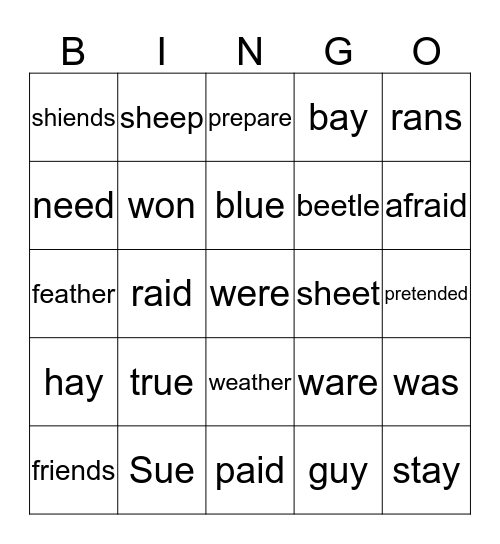 "ay, ee, ai, ue, iend, wa" Bingo Card