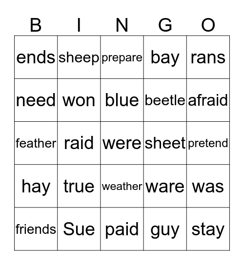 "ay, ee, ai, ue, iend, wa,pre" Bingo Card
