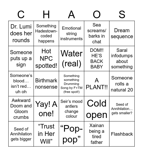 Transplanar CHAOS A4 E27-28 Bingo Card