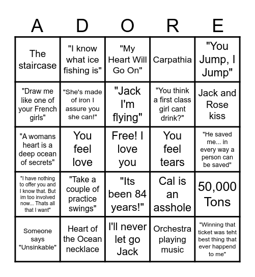 Titanic Date Night Bingo Card