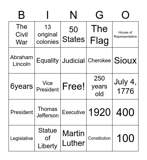 TOMAS FAMILY :250Th Bday USA Bingo Card