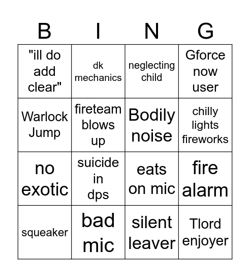 LFG Bingo Card