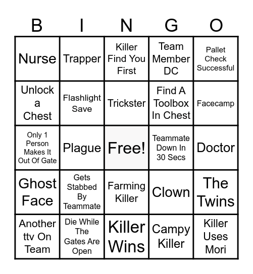 Dead By Daylight Bingo Card