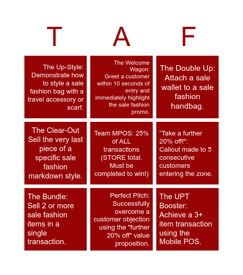 TAF BLACKOUT: 1st to complete all cards wins $20 gift card!!! Bingo Card