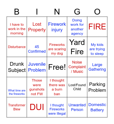 4th Of July 911 Dispatcher Bingo Card