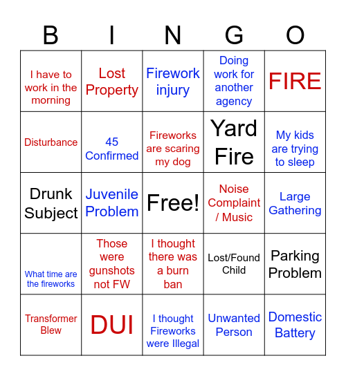 4th Of July 911 Dispatcher Bingo Card