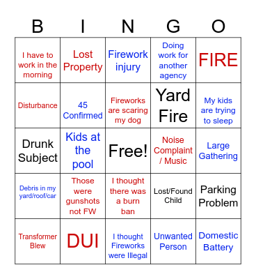 4th Of July 911 Dispatcher Bingo Card