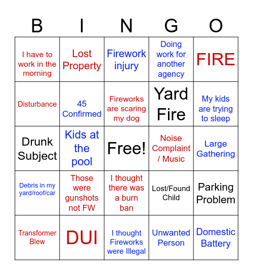4th Of July 911 Dispatcher Bingo Card