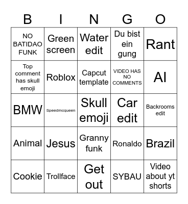 YT SHORTS Bingo Card