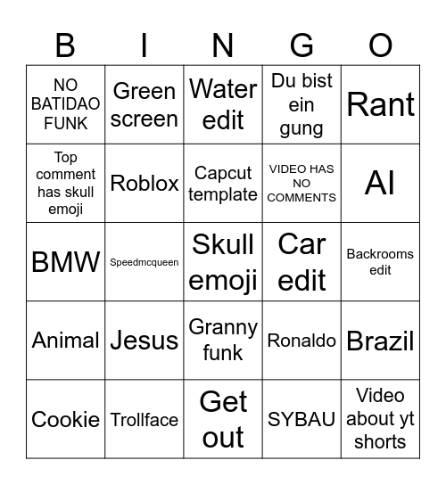 YT SHORTS Bingo Card