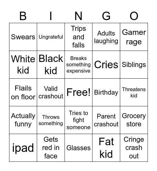 Spoiled kid crashout Bingo Card