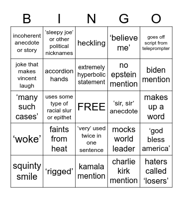 donald trump july 4th speech bingo 2026 Bingo Card