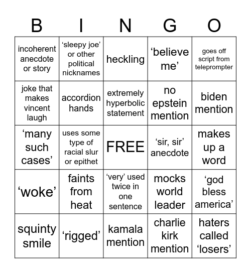 donald trump july 4th speech bingo 2026 Bingo Card