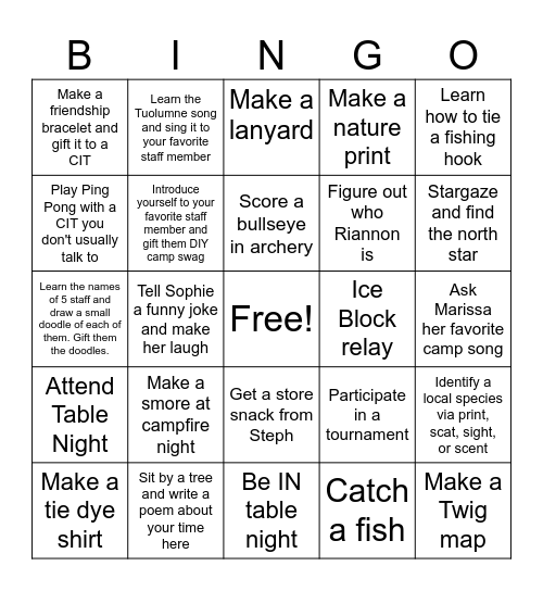 Tuolumne CIT Side Quests Bingo Card