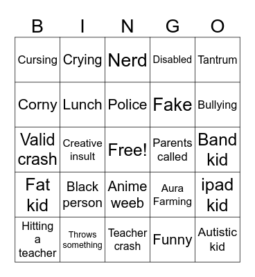 School crash out bingo Card