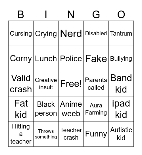 School crash out bingo Card