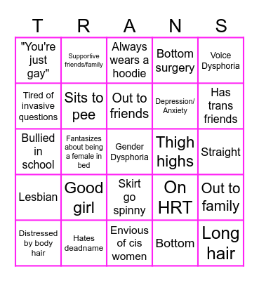 Transfemme Bingo Card