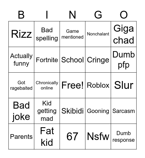 Stupid gen alpha kids Bingo Card
